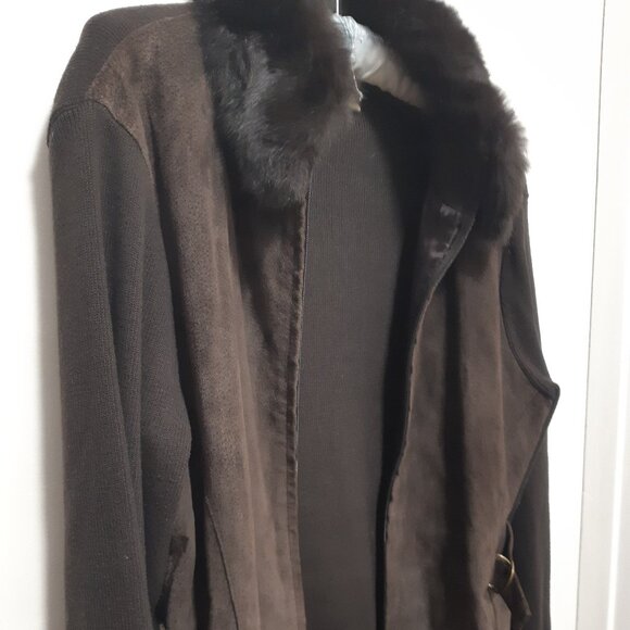 Brown sweater with suede front and removable fur collar Size L - Picture 3 of 6